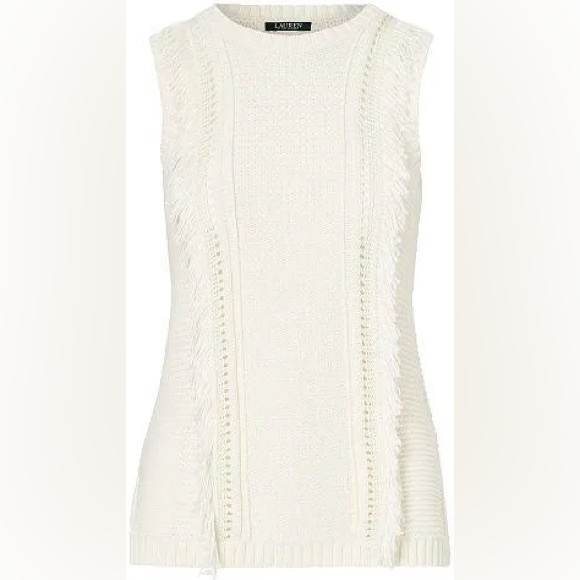 Lauren Ralph Lauren Sleeveless Knitted Sweater Herbal Milk Womens M front Fringe - Picture 2 of 6